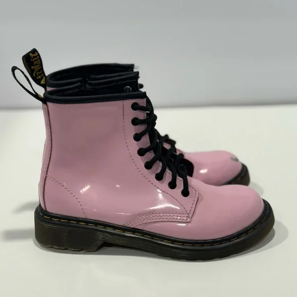 Dr. Martens Kids Pink Leather Boots with Yellow Stitching - Picture 5 of 10